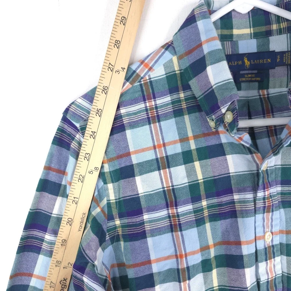 Ralph Lauren Men S Slim Fit Stretch Oxford Green Plaid Shirt Button Flesh Pony‎